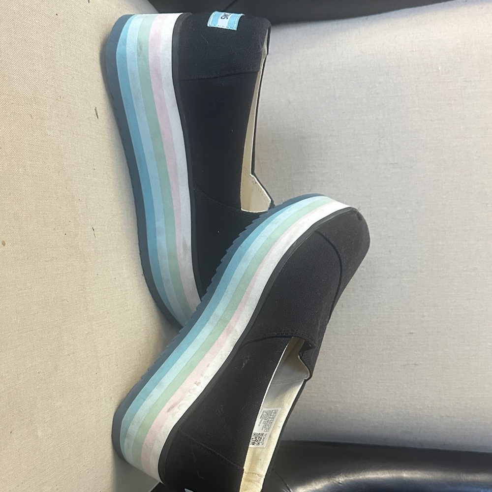 Toms Black Platform Shoes with Pastel Striped Sole